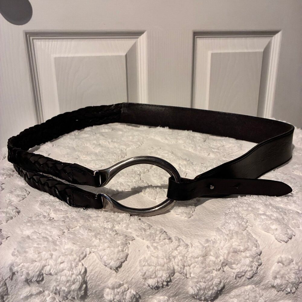 Chico’s Woven Black Leather Wide Waist Belt Boho Western Belt Size Large/XL